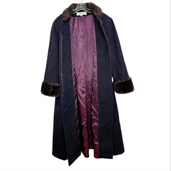 Larry Levine Designs Long Wool Blend Faux Fur Collared Hidden Button Coat Sz 12 - Picture 3 of 10